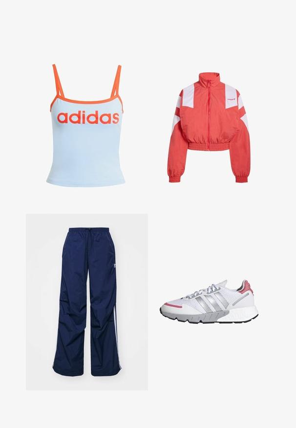 adidas Originals Sudadera con cremallera - better scarlet; Camiseta sin mangas de color azul claro con ribete naranja, que presenta un atrevido logotipo rojo de "adidas" en el pecho. Hecha de una tela suave y elástica. Tirantes finos.; Pantalones de color azul marino, ligeros, con cintura elástica y cordón ajustable, con franjas blancas laterales y un pequeño logo en la parte delantera. Diseño de corte holgado.; Zapatilla deportiva blanca con detalles grises, parte superior de malla, tres franjas plateadas, detalle en el talón rosa, suela texturizada y diseño de punta redonda.