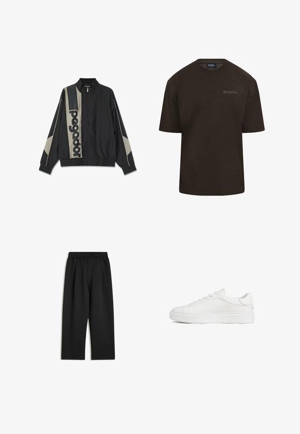 Zwarte lichtgewicht jas met grijze accenten, voorzien van een hoge kraag, elastische mouwen en een groot logo op de voorkant. Glad van textuur, met rits sluiting.; Bruine katoenen t-shirt met ronde hals, korte mouwen en een klein 'DropSize' logo in lichte kleur geborduurd op de borst.; Zwarte wijde broek met elastische tailleband en zijzakken, plat weergegeven op een witte achtergrond.; Witte lederen sneaker met lage schoenrand, veters aan de voorkant en dikke rubberen zool, zijaanzicht op een witte achtergrond.