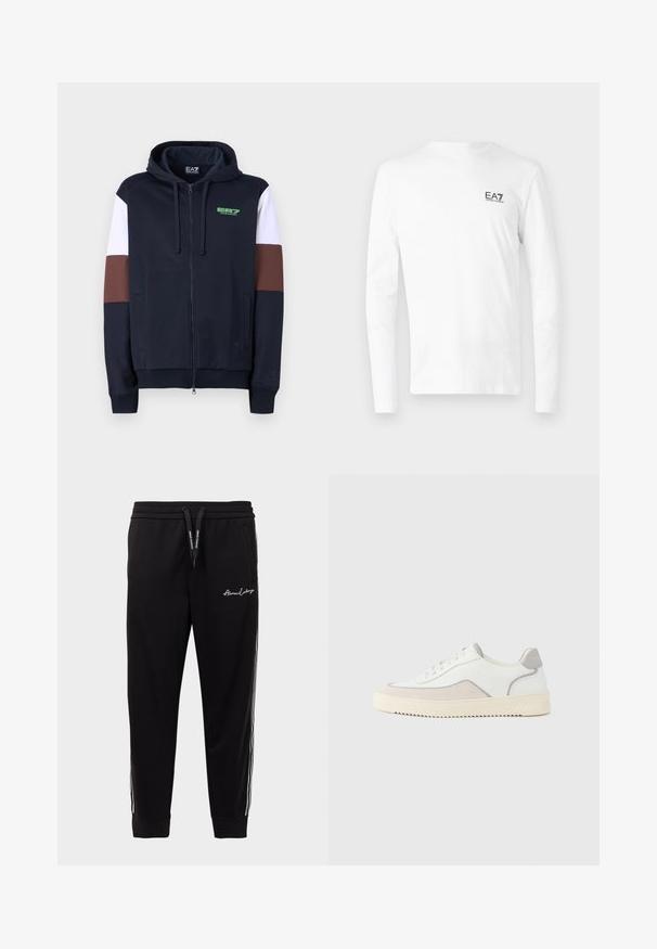 Navy zip-up huppari, jossa on valkoiset ja ruskeat korostusraidat. Omistaa pehmeän pinnan, kengurupocketsit ja vihreän logon rinnassa.; Valkoinen pitkähihainen T-paita, joka on tehty puuvillasta. Edessä vasemmalla rintamuksessa on pieni musta EA7-logo. Yksinkertainen muotoilu ja pyöreä pääntie.; Mustat collegehousut, jotka on valmistettu puuvillasekoitteesta. Niissä on ribbaus vyötäröllä, valkoiset sivuviivat ja logo kirjailtuna vasempaan reiteen.; Valkoiset tennarit, joissa on sileä nahkapäällinen, harmaat mokkaiset yksityiskohdat, sävy sävyyn -ompeleet ja teksturoitu kerma valkoinen kumipohja. Minimalistinen muotoilu.
