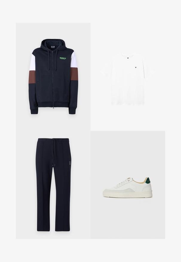 Hoodie zippé en navy avec des bandes d'accentuation blanches et marron. Il présente une texture douce, des poches kangourou et un logo vert sur la poitrine.; T-shirt blanc à manches courtes et col rond avec un petit logo circulaire représentant un "W" noir sur la poitrine gauche.; Pantalons navy à coupe décontractée, avec une taille à cordon de serrage et des poches latérales. Tissu lisse avec de légères plis à l'avant et un détail de logo.; Baskets blanches avec des accents en daim, bout arrondi, lacets plats et semelle en caoutchouc crème. Présente une marque verte sur le talon.