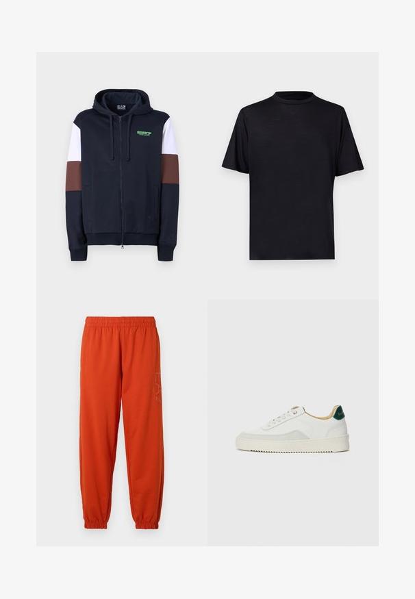 Tumesinine zip-up kapuutsiga jakki, milles on valged ja pruunid aktsenttriibud. Omab pehmet tekstuuri, känguru-taskuid ja roheline logo rinnal.; Must lühikeste varrukatega T-särk kõrge kaelusega, valmistatud siledast ja kergest kangast, minimalistliku disainiga, ilma mustrite või aktsentideta.; Oranžid tostadid elastse vöö ja varrukatega. Külgedel on trükitud logo. Valmistatud pehmest, tekstuursetest kangast.; Valged tennisjalanõud, millel on sametised aktsendid, ümar varvas, lame nöörid ja kreemjas kummine põhja. Hästi nähtav roheline bränding kannal.