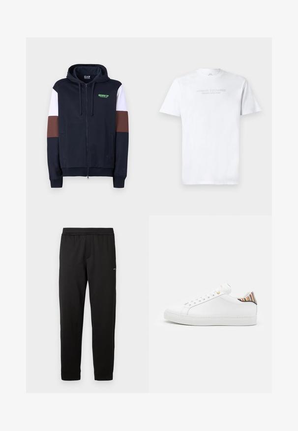 Hoodie zippé en navy avec des bandes d'accentuation blanches et marron. Il présente une texture douce, des poches kangourou et un logo vert sur la poitrine.; T-shirt en coton blanc avec col rond, manches courtes et logo en relief "ARMANI EXCHANGE MILANO/NEW YORK" sur le devant.; Pantalon de sport noir en tissu doux. Taille élastique et poignets élastiques. Présente un petit logo sur le côté. Coupe droite.; Baskets en cuir blanc avec une finition lisse, présentant un accent rayé coloré au niveau du talon, des œillets dorés et une semelle blanche plate.