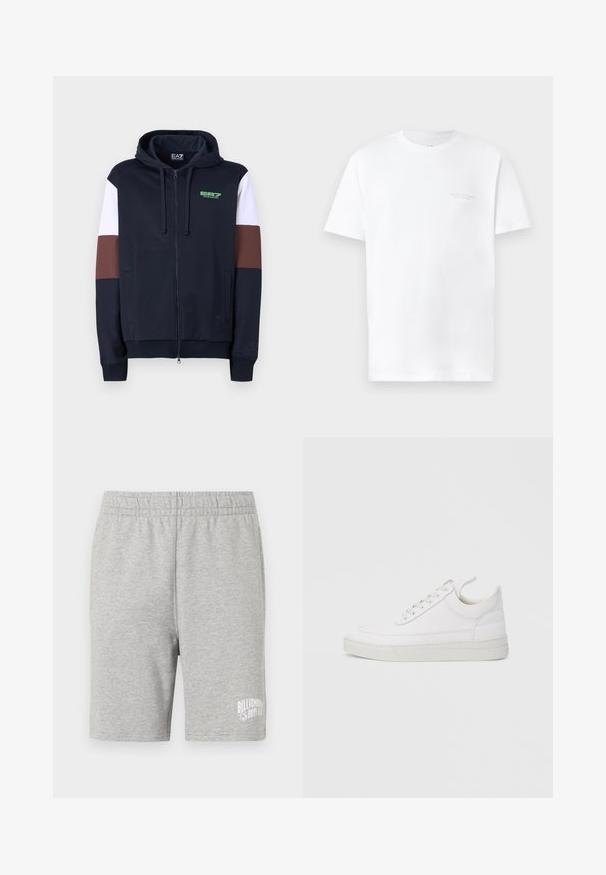 Navy Zip-Hoodie mit weißen und braunen Akzentstreifen. Verfügt über eine weiche Textur, Kängurutaschen und ein grünes Logo auf der Brust.; Weißes Baumwoll-T-Shirt mit kurzen Ärmeln, Rundhalsausschnitt, mit subtiler grauer Logodruck auf der linken Brustseite und glatter Textur.; Graue Baumwollshorts mit einem elastischen Bund und einem weißen Logo auf der unteren rechten Seite. Weicher Stoff, knielanger Schnitt.; Weißer Ledersneaker mit abgerundetem Zehenbereich, flacher Sohle und Schnürverschluss. Verfügt über Nahtdetails und einen gepolsterten Kragen für zusätzlichen Komfort.