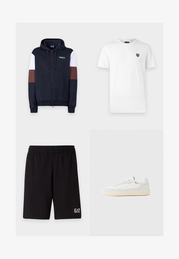 Tumesinine zip-up kapuutsiga jakki, milles on valged ja pruunid aktsenttriibud. Omab pehmet tekstuuri, känguru-taskuid ja roheline logo rinnal.; Valge puuvillane T-särk lühikeste varrukatega, millel on vasakul rinnal väike must logo. Klassikaline ümara kaelusega disain.; Mustad mustad lühikesed püksid, mis on valmistatud pehmest kangast, elastse vöökoha ja väikese valge logoga alumisel paremal küljel.; Valge tennisejalanõu, mille ülemine osa on valmistatud tekstuurse seemisnahast ja nahast. Omab ümarat ninaosa, paeltega sulgurit ja kontrastset beeži kummist tallaga.