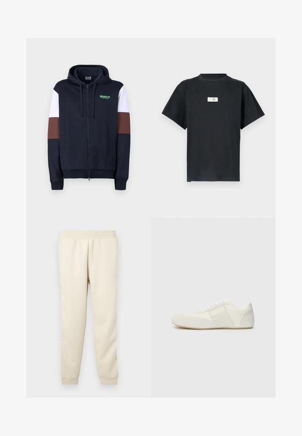 Hoodie zippé en navy avec des bandes d'accentuation blanches et marron. Il présente une texture douce, des poches kangourou et un logo vert sur la poitrine.; T-shirt en coton noir avec un col rond, des manches courtes et une étiquette blanche rectangulaire sur la poitrine affichant du texte et des chiffres.; Pantalons de survêtement beige clair fabriqués en tissu doux avec un design fuselé, une ceinture élastique et des poignets aux chevilles. Pas de motifs ou d'accents visibles.; Baskets blanches au design épuré, dotées d'un embout en daim, de panneaux en cuir et d'accents texturés contrastés. Semelle plate en caoutchouc.