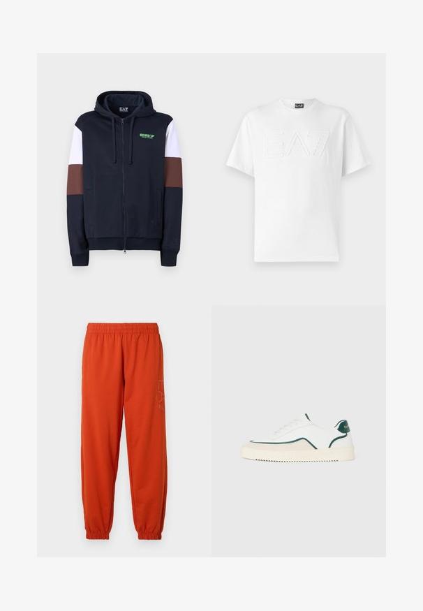 Navy zip-up hoodie met witte en bruine accentstrepen. Beschikt over een zachte textuur, kangoeroe zakken en een groen logo op de borst.; Witte katoenen t-shirt met een ronde hals, voorzien van een verhoogd reliëf "EA7" logo op de voorkant en korte mouwen.; Oranje sweatpants met een elastische tailleband en boorden. Beschikt over een bedrukte logo aan de zijkant. Gemaakt van een zachte, gestructureerde stof.; Witte lage sneakers met groene accenten, beige suede details en een crème-kleurige zool met een geribbelde onderkant.