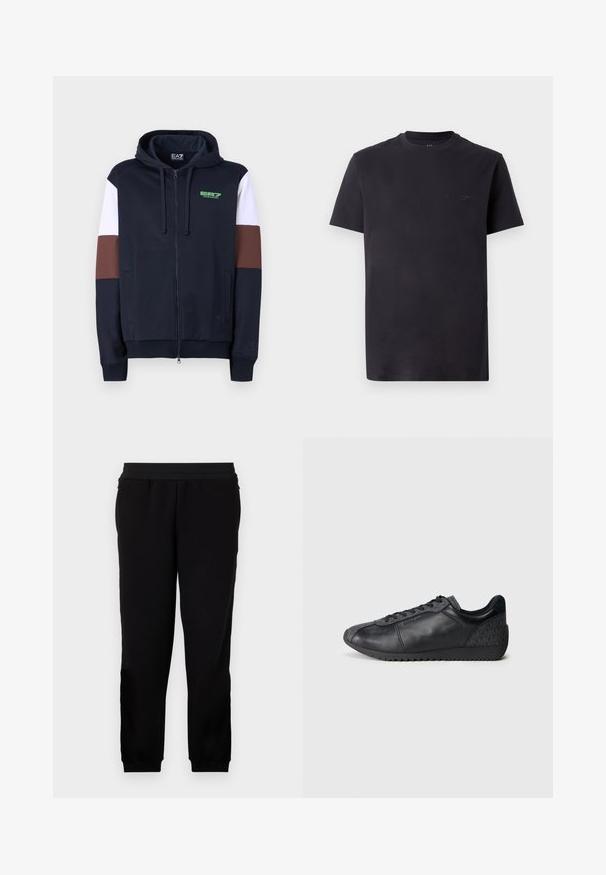 Navy zip-up hoodie med hvide og brune akcentstriber. Har en blød tekstur, kenguruposer og et grønt logo på brystet.; Sort bomulds T-shirt med rund hals, korte ærmer og præget logo detalje på brystet. Glat tekstur, afslappet pasform.; Sorte sweatpants lavet af et blødt materiale, med et elastisk liv, tætsiddende manchetter og sidelommer for ekstra bekvemmelighed.; Sorte lædersneakers med et tekstureret stofpanel, rund tåform, snørefront og en gummisål med zigzag-mønster.
