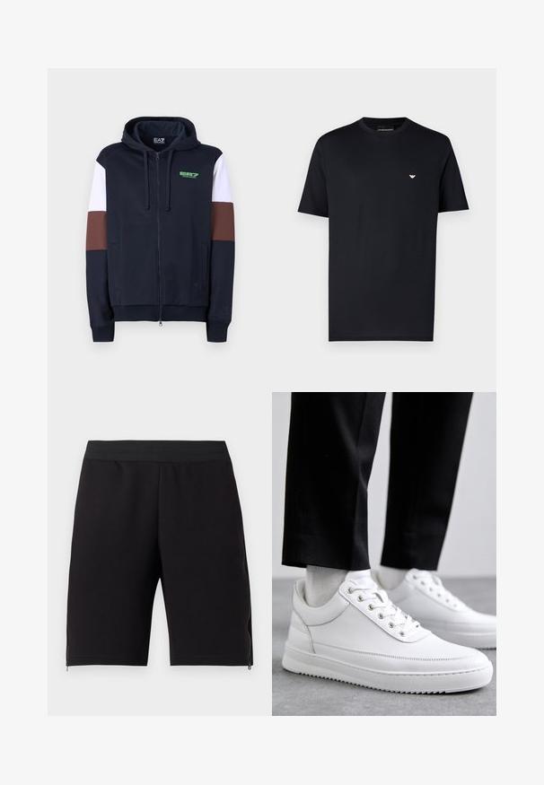 Tumesinine zip-up kapuutsiga jakki, milles on valged ja pruunid aktsenttriibud. Omab pehmet tekstuuri, känguru-taskuid ja roheline logo rinnal.; Mustast puuvillast T-särk ümar kaelusega, lühikeste varrukatega ja väikese kuldse logoga rinnal. Ühtlane tekstuur, standardmõõdus sobivus.; Mustad mustad lühikesed püksid, mis on valmistatud pehmest kangast, on varustatud mugava elastse vöökohtaga ja külgedel on lisafunktsionaalsuse jaoks lukud.; Valged nahast tennisetossud, millel on lame kummist tallapool, sile viimistlus, ümar varvas ja metallist silmadega paelte jaoks. Kantud mustade pükstega.