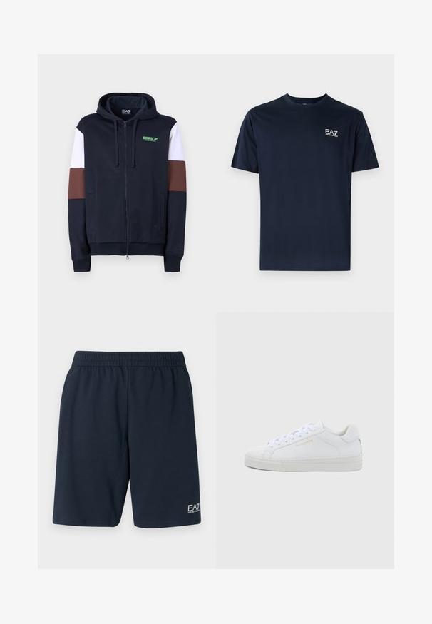 Hoodie zippé en navy avec des bandes d'accentuation blanches et marron. Il présente une texture douce, des poches kangourou et un logo vert sur la poitrine.; T-shirt en coton bleu marine à manches courtes, col rond, avec le logo EA7 en blanc sur le côté supérieur gauche. Texture lisse, design décontracté.; Shorts bleu marine à taille élastique fabriqués en tissu doux, dotés de poches latérales et d'un petit logo EA7 blanc en bas de la jambe gauche.; Baskets basses en cuir blanc avec bout rond, lacets plats, semelle texturée et logo discret doré sur le côté. Surface lisse et design minimaliste.