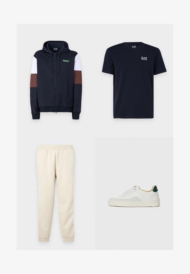 Navy zip-up hoodie met witte en bruine accentstrepen. Beschikt over een zachte textuur, kangoeroe zakken en een groen logo op de borst.; Zwart T-shirt met korte mouwen en ronde hals met een klein wit EA7 Emporio Armani-logo op de linkerborst.; Lichtbeige sweatpants gemaakt van zachte stof met een taps toelopend ontwerp, elastische tailleband en boorden bij de enkels. Geen zichtbare patronen of accenten.; Witte sneaker met suède accenten, ronde neus, platte veters en een crème rubberen zool. Bevat groene branding op de hiel.
