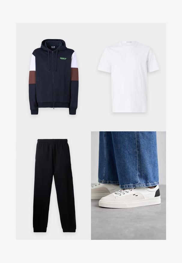 Navy zip-up hoodie med hvide og brune akcentstriber. Har en blød tekstur, kenguruposer og et grønt logo på brystet.; Hvid bomulds t-shirt med rund halsudskæring og korte ærmer. Glat tekstur, lige snit og minimalistisk design uden mønstre eller accenter.; Sorte sweatpants med elastisk talje, taperede ben og en tekstureret logo detalje på venstre ben. Lavet af blødt, letvægtsstof.; Hvide og sorte sneakers med en glat læderoverdel, teksturerede detaljer og en kraftig hvid sål. Har et klassisk snørebåndsdesign.