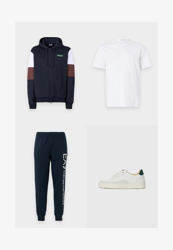 Navy zip-up hoodie med hvide og brune akcentstriber. Har en blød tekstur, kenguruposer og et grønt logo på brystet.; Hvid bomulds t-shirt med rund halsudskæring og korte ærmer. Glat tekstur, lige snit og minimalistisk design uden mønstre eller accenter.; Marineblå joggerbukser med elastisk talje, manchetter ved anklerne og hvid trykt branding langs venstre ben. Blødt, mat stof.; Hvide sneakers med ruskindsdetaljer, rund tå, flade snørebånd og en cremet gummisål. Har grøn branding på hælen.