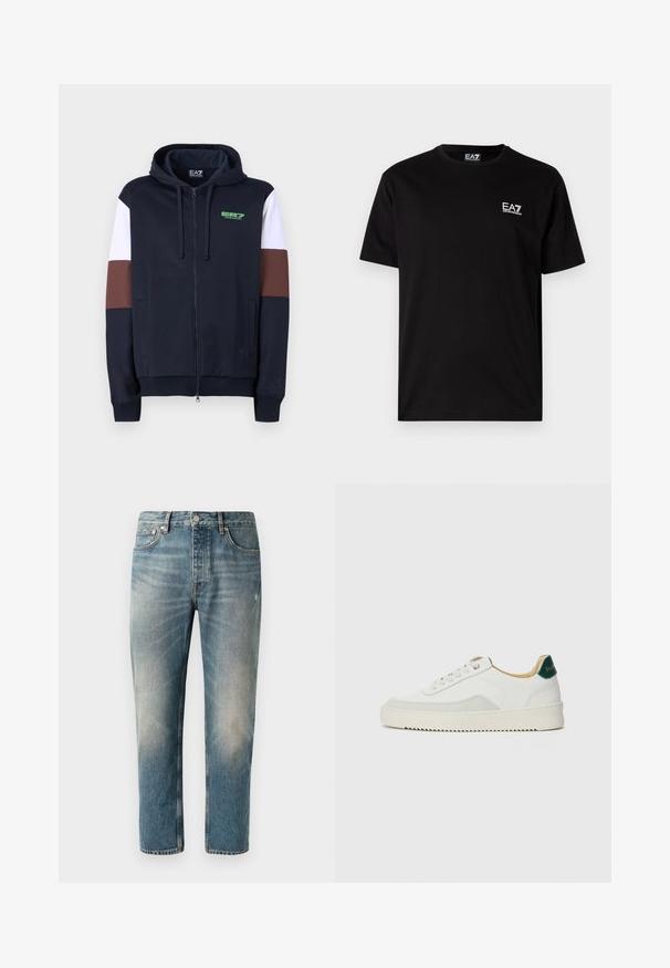 Navy zip-up huppari, jossa on valkoiset ja ruskeat korostusraidat. Omistaa pehmeän pinnan, kengurupocketsit ja vihreän logon rinnassa.; Musta puuvillapaita lyhyillä hihoilla, pyöreä kaulus, ja pieni valkoinen EA7-logo vasemmassa rinnassa. Sileä pinta, normaali istuvuus.; Vaaleansinisiä farkkuja suoralla leikkauksella. Varustettu nappisulkimella, viidellä taskulla sekä hienovaraisilla kuluneilla alueilla ja kulutuksilla reiden kohdalla.; Valkoiset tennarit, joissa on nahkaosia, pyöreä kärki, tasaiset nauhat ja kermaisa kumi-pohja. Takana vihreä brändäys.