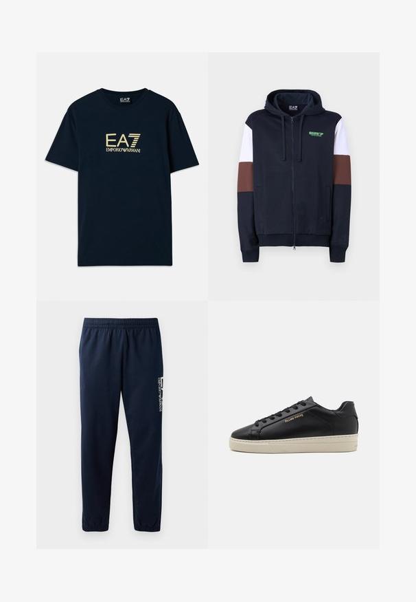 Sudadera con cremallera en azul marino con rayas de acento en blanco y marrón. Presenta una textura suave, bolsillos tipo canguro y un logo verde en el pecho.; Camiseta de algodón azul marino con un estampado dorado del logo "EA7 EMPORIO ARMANI" en el pecho, mangas cortas y un escote redondo.; Pantalones de chándal azul marino con cintura elástica, piernas ajustadas y un logo blanco en el lateral. Tejido suave con una textura ligera.; Zapatilla de cuero negra con un acabado suave, suela crema en contraste, puntera redonda, logo dorado en el lateral y seis ojales para los cordones.