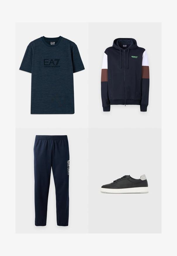 Navy zip-up huppari, jossa on valkoiset ja ruskeat korostusraidat. Omistaa pehmeän pinnan, kengurupocketsit ja vihreän logon rinnassa.; T-paita tummansinisestä puuvillasta, lyhyet hihat, tekstuuri pinta ja keskellä musta EA7 Emporio Armani -logo.; Tummansininen collegehousut, joissa on joustava vyötärö, kapenevat lahkeet ja valkoinen logo sivulla. Sopivan sileä kangas, jossa on kevyt tekstuuri.; Musta matalakärkinen lenkkitossu valkoisella pohjallisella ja harmaalla kantakappaleen läpällä, sivukuva valkoisella taustalla.