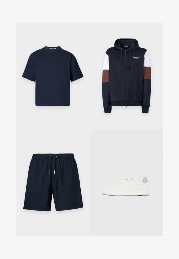 Navy zip-up hoodie met witte en bruine accentstrepen. Beschikt over een zachte textuur, kangoeroe zakken en een groen logo op de borst.; Marineblauw korte mouwen t-shirt met een V-hals, gemaakt van zacht materiaal, met een ontspannen pasvorm en minimalistisch ontwerp, zonder zichtbare patronen of hardware.; Marineblauwe shorts van lichtgewicht stof, met een elastische tailleband met een trekkoord en zilveren metalen aglets, en zijzakken.; Witte lage sneaker met grijze hielpatch, witte veters en een gestructureerde zool, gepresenteerd op een effen lichte achtergrond.