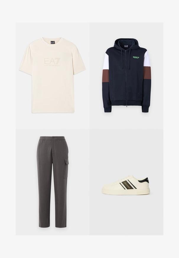 Tumesinine zip-up kapuutsiga jakki, milles on valged ja pruunid aktsenttriibud. Omab pehmet tekstuuri, känguru-taskuid ja roheline logo rinnal.; Kreemjas värvitoonis puuvillane T-särk, millel on ümmargune kaelus ja lühikesed varrukad. Esiküljel on reljeefne EA7 logo.; Hallid hallid püksid, millel on mugav lõige, valmistatud siledast kangast. Varustatud nupukinnisega, küljetaskute ja säärel oleva kargo-taskuga.; Beež nahast spordijalatsid mustade ja valgete triipudega, ümmarguse toe, lamedate kummitaldade ja logode detailidega külgedel ja kandadel.