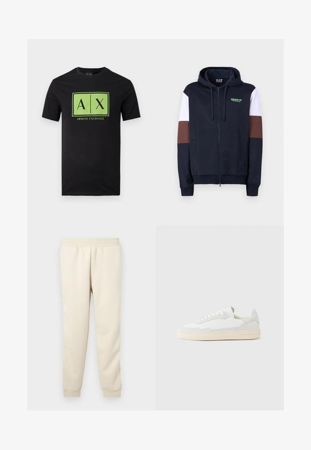 Hoodie zippé en navy avec des bandes d'accentuation blanches et marron. Il présente une texture douce, des poches kangourou et un logo vert sur la poitrine.; T-shirt noir à manches courtes avec un logo rectangulaire vert comportant les textes "A|X" et "Armani Exchange" centrés sur le devant.; Pantalons de survêtement beige clair fabriqués en tissu doux avec un design fuselé, une ceinture élastique et des poignets aux chevilles. Pas de motifs ou d'accents visibles.; Baskets blanches avec dessus en daim et cuir texturé. Caractérisées par un bout arrondi, une fermeture à lacets et une semelle en caoutchouc beige contrastante.