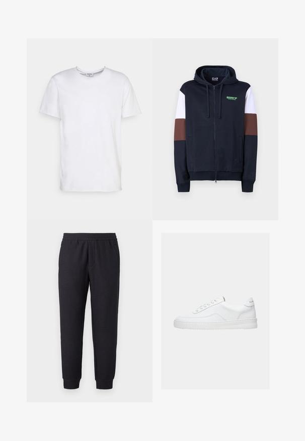 Sudadera con cremallera en azul marino con rayas de acento en blanco y marrón. Presenta una textura suave, bolsillos tipo canguro y un logo verde en el pecho.; Camiseta blanca de manga corta hecha de algodón. Presenta un escote redondo y un corte holgado, sin patrones ni acentos visibles.; Pantalones deportivos negros con corte cónico, cinturilla y puños elásticos, con un sutil patrón texturizado y bolsillos laterales.; Zapatilla deportiva blanca de corte bajo con diseño con cordones, parte superior de cuero liso y suela gruesa, vista de lado sobre un fondo liso.