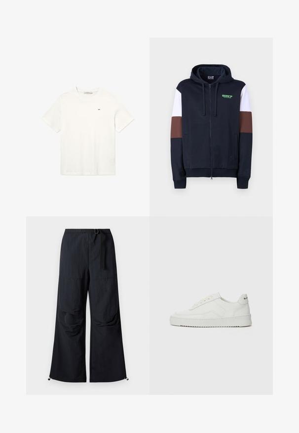 Navy zip-up hoodie med hvide og brune akcentstriber. Har en blød tekstur, kenguruposer og et grønt logo på brystet.; Hvid bomulds T-shirt med korte ærmer, rund halsudskæring og et lille sort logo på brystet. Simpelt, uudsmykket design.; Sorte bukser med vide ben lavet af letvægtstof. Har bælte, to store sidelommer og justerbare kanter med snorlås.; Hvide lædersneakers med en glat overflade, rund tå, flade snørebånd og en tekstureret sål. Har et diskret logo på hælen.