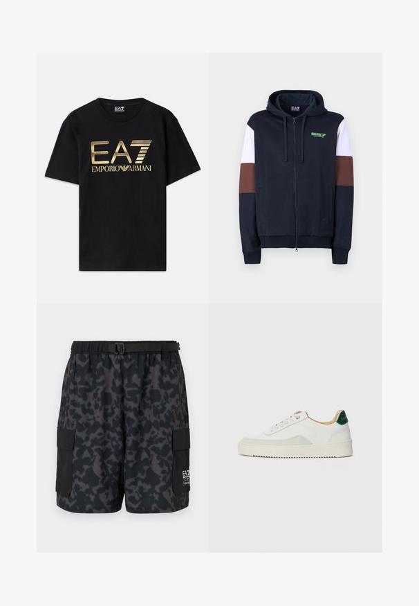 Sudadera con cremallera en azul marino con rayas de acento en blanco y marrón. Presenta una textura suave, bolsillos tipo canguro y un logo verde en el pecho.; Camiseta de algodón negra de manga corta, con un logo dorado impreso de "EA7 EMPORIO ARMANI" en la parte frontal. Diseño simple, cuello redondo.; Pantalones cortos negros con un patrón de camuflaje oscuro, cinturilla elástica, bolsillos laterales y un cinturón con hebilla. Fabricados con un material ligero y cómodo.; Zapatilla blanca con acentos de ante, puntera redondeada, cordones planos y suela de goma color crema. Presenta un logo verde en el talón.