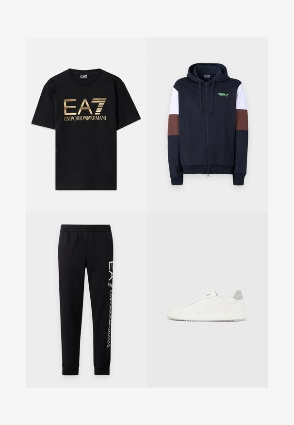 Sudadera con cremallera en azul marino con rayas de acento en blanco y marrón. Presenta una textura suave, bolsillos tipo canguro y un logo verde en el pecho.; Camiseta de algodón negra de manga corta, con un logo dorado impreso de "EA7 EMPORIO ARMANI" en la parte frontal. Diseño simple, cuello redondo.; Pantalones de chándal negros hechos de una mezcla de algodón, con una cinturilla elástica, piernas estrechas, puños acanalados y estampado de logo blanco en el lateral.; Zapatilla blanca de corte bajo con pestaña en el talón gris, cordones blancos y suela texturizada, presentada sobre un fondo claro y liso.