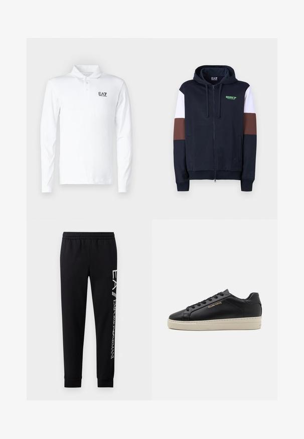 Hoodie zippé en navy avec des bandes d'accentuation blanches et marron. Il présente une texture douce, des poches kangourou et un logo vert sur la poitrine.; Polo à manches longues blanc en coton, avec un col classique, trois boutons et un logo EA7 noir sur la poitrine.; Pantalons de survêtement noirs en mélange de coton, dotés d'une taille élastique, de jambes fuselées, de poignets côtelés et d'un imprimé logo blanc sur le côté.; Sneaker en cuir noir avec une finition lisse, semelle crème contrastante, bout arrondi, logo doré sur le côté et six œillets pour les lacets.