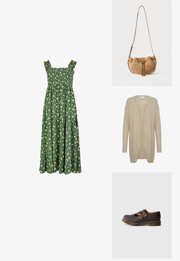 Cardigan beige à ouverture devant avec un motif de tricot texturé, présentant des manches larges et des bordures côtelées pour plus de détail et de confort.; Robe maxi verte avec un corsage smocké, des bretelles froncées, et un motif floral avec des fleurs roses claires. Comprend un design de jupe à volants.; Chaussure en cuir marron foncé avec des sangles à double boucle, un design perforé au niveau des orteils et une semelle épaisse translucide avec des coutures jaunes.; Petit sac d'épaule tressé beige avec bandoulière en cuir marron réglable et détail de lien en cuir à l'avant, suspendu sur fond blanc.