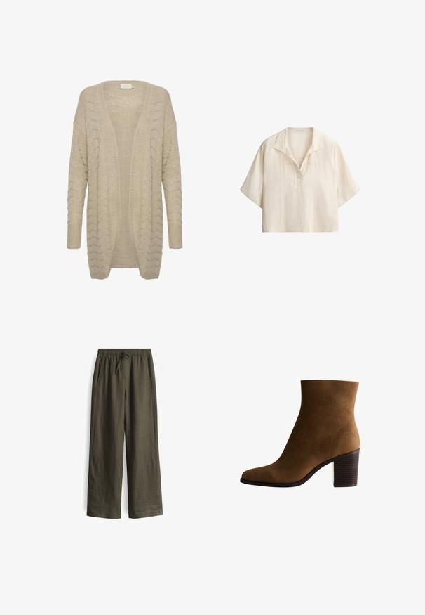 Beige open-front cardigan met een textuur gebreid patroon, met brede mouwen en ribbels aan de randen voor extra detail en comfort.; Kortemouwen, loszittend crèmekleurig linnen overhemd met een open kraag en V-halsdetail op een witte achtergrond.; Olijfgroene, losse broek met een elastische tailleband en trekkoord, voorzien van zijzakken en een lichtgewicht, gestructureerde stof.; Bruine suède enkellaars met een ronde neus, stevige blokhak en een gladde textuur. Heeft een eenvoudig ontwerp zonder zichtbare hardware.
