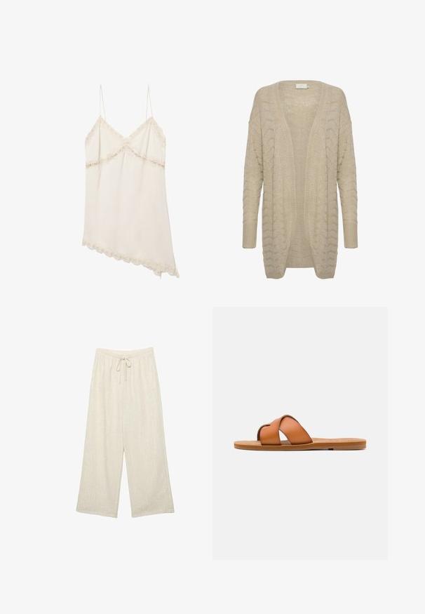 Cardigan beige à ouverture devant avec un motif de tricot texturé, présentant des manches larges et des bordures côtelées pour plus de détail et de confort.; Robe nuisette couleur crème avec fines bretelles, bordure en dentelle le long de l'encolure, de la poitrine et de l'ourlet asymétrique.; Pantalon large couleur crème avec taille élastique et cordon de serrage, tissu texturé avec une couture verticale subtile.; Sandale diapositive en cuir marron avec des lanières croisées, semelle plate, texture lisse et caractéristiques de design minimaliste pour un usage décontracté.