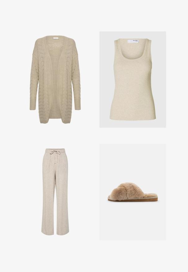 Cardigan beige à ouverture devant avec un motif de tricot texturé, présentant des manches larges et des bordures côtelées pour plus de détail et de confort.; Débardeur beige à côtes avec un décolleté arrondi et des bretelles larges. Fabriqué en tissu doux, il présente une silhouette ajustée.; Pantalon beige coupe ample avec jambes larges, taille élastique et cordon noué à l'avant.; Chausson en peluche beige avec une texture douce, à dos ouvert et doublure intérieure. Semelle plate avec une base marron clair et des coutures beiges.