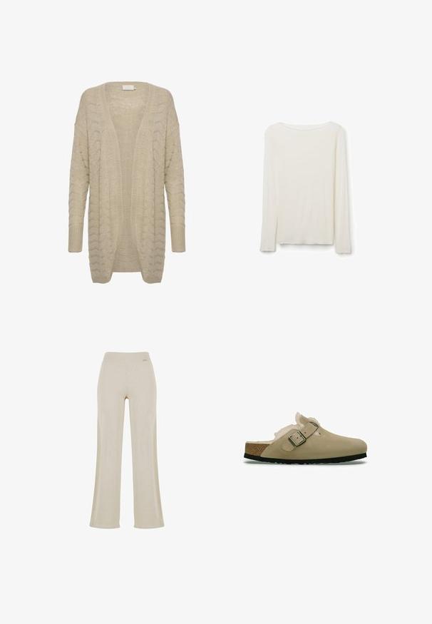 Cardigan beige à ouverture devant avec un motif de tricot texturé, présentant des manches larges et des bordures côtelées pour plus de détail et de confort.; Chemise à manches longues en maille côtelée beige clair avec un col rond et des bords subtilement festonnés aux manches et à l'ourlet.; Pantalons larges beige avec une texture en ribbed lisse, taille élastique et sans ornements visibles, offrant une silhouette décontractée.; Sabots beiges avec une tige en suède lisse, une doublure en fausse fourrure douce et une boucle sur le côté. Semelle intérieure en liège, semelle en caoutchouc noir et design de bout arrondi.