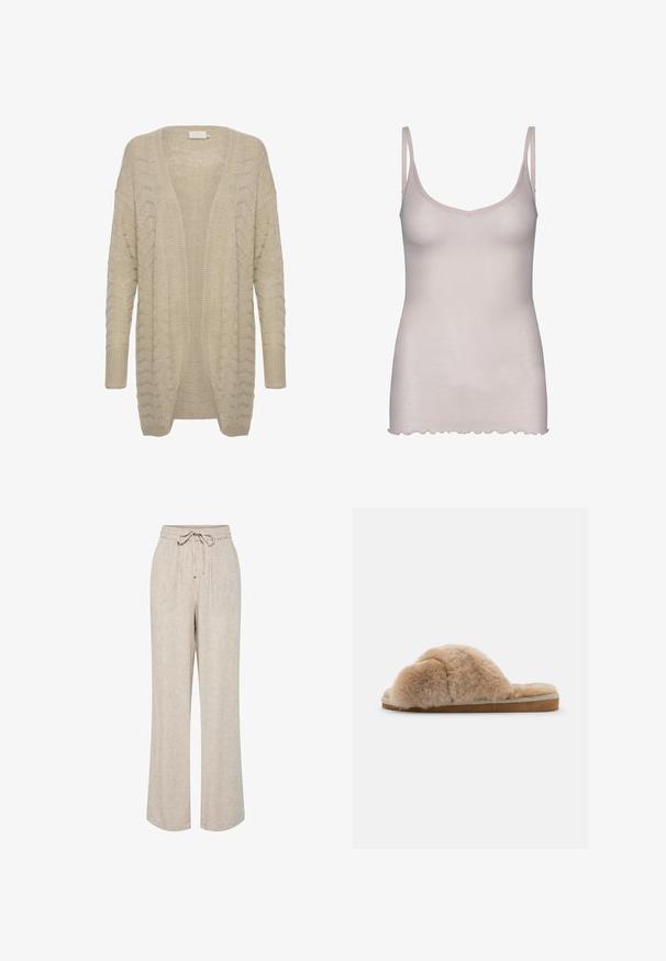 Cardigan beige à ouverture devant avec un motif de tricot texturé, présentant des manches larges et des bordures côtelées pour plus de détail et de confort.; Camisole rose clair avec des bretelles fines, fabriquée en tissu doux. Présente un décolleté en V et un ourlet festonné en bas.; Pantalon beige coupe ample avec jambes larges, taille élastique et cordon noué à l'avant.; Chausson en peluche beige avec une texture douce, à dos ouvert et doublure intérieure. Semelle plate avec une base marron clair et des coutures beiges.