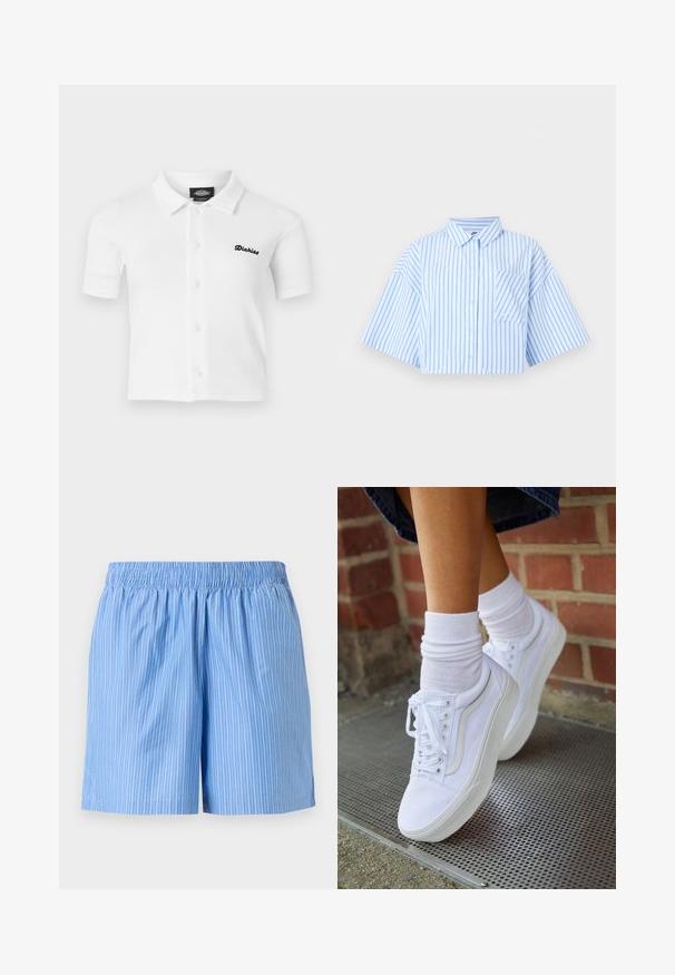 Chemise blanche à manches courtes boutonnée avec col, tissu texturé et logo noir "Dickies" brodé sur le côté gauche de la poitrine.; Chemise courte à boutons avec rayures verticales bleu clair, manches larges, col pointu et poche avant avec un petit logo Nike.; Shorts en coton bleu clair avec des fines rayures blanches verticales et une taille élastique froncée.; Baskets en toile blanches avec semelles en caoutchouc, dotées de six œillets, d'un bout rond et de détails de couture légers, portées avec des chaussettes blanches mi-mollet.