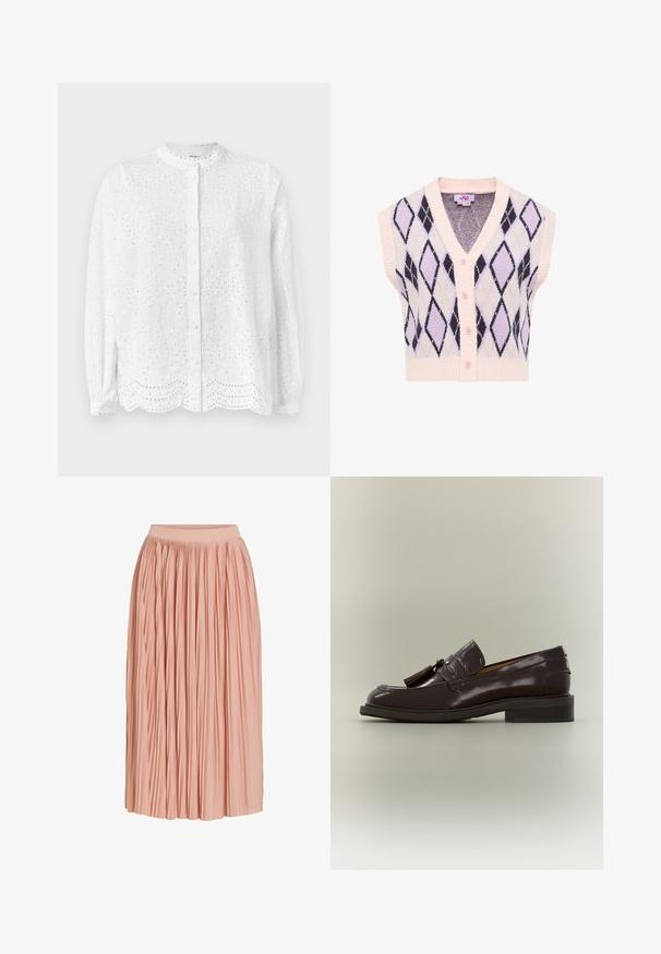 Mouwloos roze gebreid vest met knopen aan de voorkant en zwart-lavendel argyle ruitpatroon.; Witte blouse met een ronde halslijn, lange mouwen en knoopsluiting; heeft geborduurde uitsnijdingen en een gegolfde zoom.; Lichtroze midi-rok met plooien en een brede tailleband, gemaakt van lichtgewicht stof, weergegeven tegen een witte achtergrond.; Donkerbruine leren loafer met franjes, lage hak en gestikte zool, vanaf de zijkant getoond op een neutrale achtergrond.