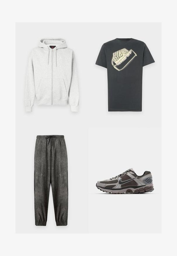 Grå lynlåse-hoodie lavet af blødt stof, med en front kangaroo-lomme og et broderet logo på brystet. Ribbe-ærmer og -kant.; Mørkegrå T-shirt lavet af bomuld med rund halsudskæring. Har en stor, stiliseret "Nike"-logo i en lysere farve på forsiden.; Mørkegrå teksturerede joggingbukser med elastisk taljebånd og sort snøre, elastiske manchetter og løs pasform.; Lys grå og mørkebrun løbesko med mesh-detaljer, struktureret design og tykk gummisål. Har Nike swoosh-logo og teksturerede accenter.