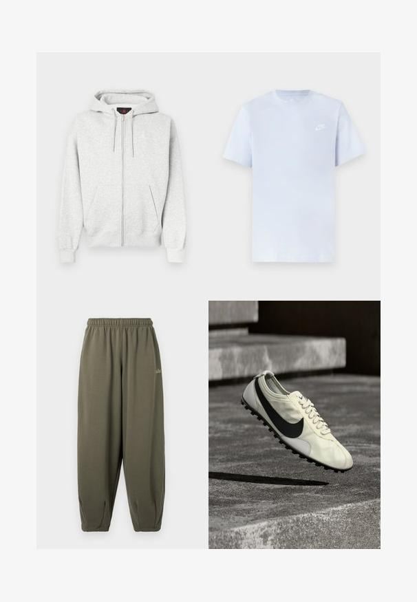 Grå lynlåse-hoodie lavet af blødt stof, med en front kangaroo-lomme og et broderet logo på brystet. Ribbe-ærmer og -kant.; Lyseblå bomulds t-shirt med korte ærmer, rund hals og et hvidt Nike-logo trykt på venstre bryst. Glat tekstur, simpelt design.; Grågrønne sweatpants med elastisk talje og manchetter. Har minimal branding i matchende tråd på siden. Blød tekstur.; Hvid Nike-sneaker med sort Swoosh-logo, snørebånd og gummisål med trækkraft, vist midt i luften over betonstrappen.