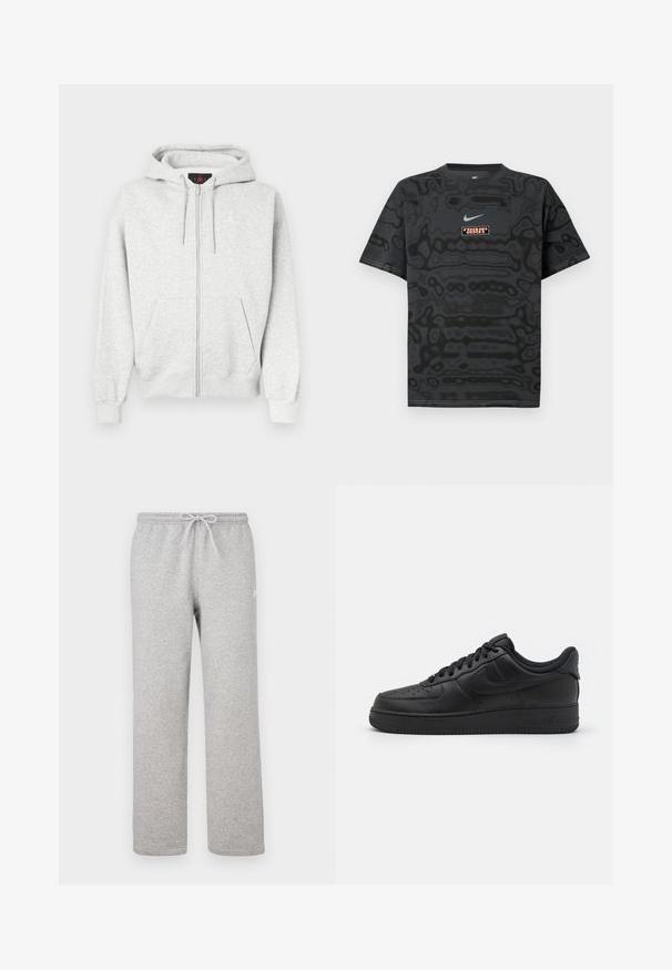 Grau zip-up Kapuzenpullover aus weichem Stoff, mit einer praktischen Känguru-Tasche vorne und einem gestickten Logo auf der Brust. Mit gerippten Bündchen und Saum.; Schwarzes T-Shirt mit einem strukturierten Muster, versehen mit einem kleinen Nike-Logo in Hellblau und einem rechteckigen Logopatch in kontrastierenden Farben.; Graue Jogginghosen mit einem elastischen Bund und Kordelzug. Hergestellt aus weichem Stoff, zeichnen sie sich durch gerade Beine und ein dezentes Logodetail aus.; Nike Sportswear AIR FORCE 1 07 FLYEASE - Sneaker low - black