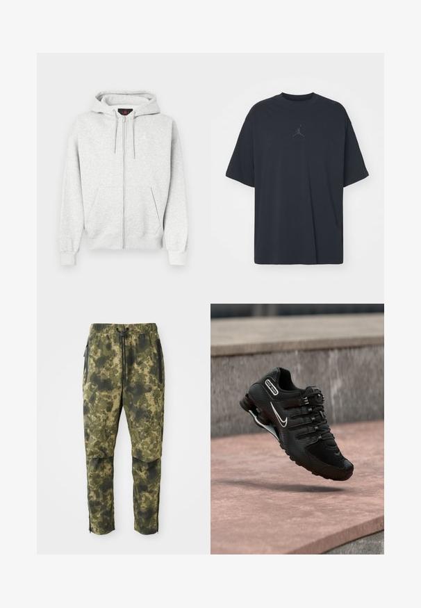 Grau zip-up Kapuzenpullover aus weichem Stoff, mit einer praktischen Känguru-Tasche vorne und einem gestickten Logo auf der Brust. Mit gerippten Bündchen und Saum.; Schwarzes Baumwoll-T-Shirt mit lockerem Schnitt, rundem Hals, kurzen Ärmeln, mit einem dezenten Logo und dem Text "AIR" über dem Logo in der Mitte.; Tarnhosen in verschiedenen Grüntönen mit einem digitalen Muster. Sie verfügen über einen elastischen Bund, einen Kordelzug und seitliche, mit Reißverschluss ausgestattete Taschen.; Schwarzer Nike Shox Laufschuh mit weißem Swoosh-Logo, in der Luft über einer rosafarbenen Betonfläche vor einem grauen Steinmauer-Hintergrund.
