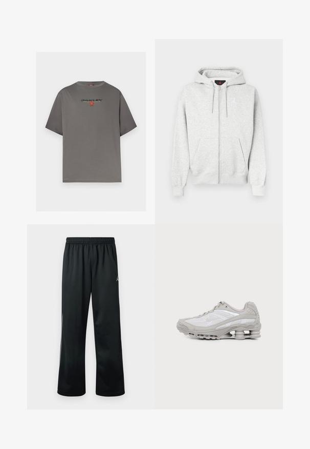 Sweat à capuche zippé gris en tissu doux, avec une poche kangourou à l'avant et un logo brodé sur la poitrine. Poignets et ourlet côtelés.; T-shirt gris à manches courtes avec le logo "OAKLEY" et un petit graphisme rouge centré sur la poitrine, présenté sur un fond blanc uni.; Pantalon de sport noir avec une taille élastique, arborant un logo blanc sur le côté supérieur et un tissu lisse et léger.; Baskets de sport grises et blanches avec semelle à coussin d'air visible et panneaux en mesh, présentées de profil sur un fond clair uni.