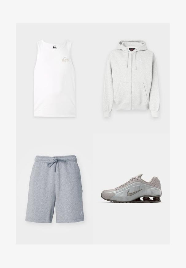 Grå lynlåse-hoodie lavet af blødt stof, med en front kangaroo-lomme og et broderet logo på brystet. Ribbe-ærmer og -kant.; Hvid ærmeløs tank top med et lille gråt og beige Quiksilver-logo på venstre bryst og label inde i nakken.; Grå svedshorts lavet af blødt stof, med en elastisk talje og snoretræk samt et diskret logo på den nederste venstre ben.; Nike løbesko i lysegrå med en glat tekstur, buet design og synlige støddæmpningsfjeder i mørkebrun ved hælen.
