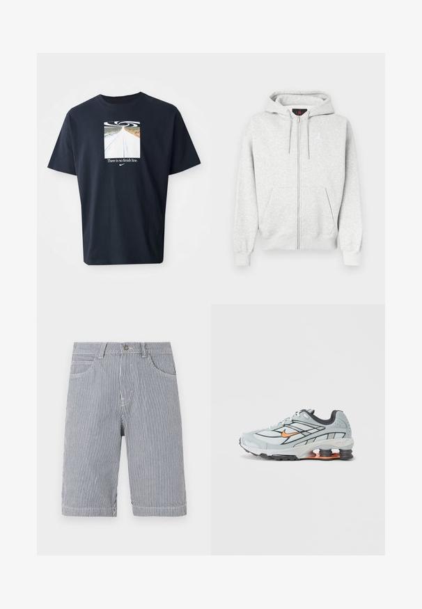 Grijze rits hoodie gemaakt van zachte stof, met een kangaroo zak aan de voorkant en een geborduurd logo op de borst. Geribde manchetten en zoom.; Navyblauwe katoenen T-shirt met korte mouwen, voorzien van een vierkant grafisch ontwerp van een weg en een spiraalpatroon, en de tekst "There is no finish line" in het wit.; Blauw-witte knielange korte broek met verticale strepen, voorzakken en knoopsluiting, op een effen achtergrond.; Lichtgrijze hardloopschoen met zwarte accenten, oranje logo, bovenwerk van mesh, gevoerde kraag en rubberen zool met zichtbare schokabsorberende elementen.