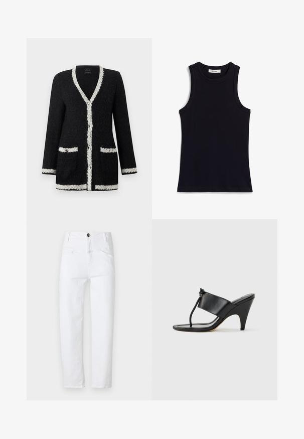 Cardigan noir texturé avec bordure blanche le long du col en V, fermeture par boutons, poches, poignets et ourlet.; Un haut sans manches noir avec une texture côtelée, un col rond et une coupe régulière. L'étiquette indique "IVY OAK". Pas de motifs ou d'accents supplémentaires.; Jean en denim blanc avec taille haute, coupe droite, deux poches avant et une seule poche arrière. Comprend un bouton en métal et une fermeture éclair.; Sandale noire à talon haut avec une large bride avant et une boucle d'orteil dotée d'un détail de corde nouée, vue de profil sur fond blanc.