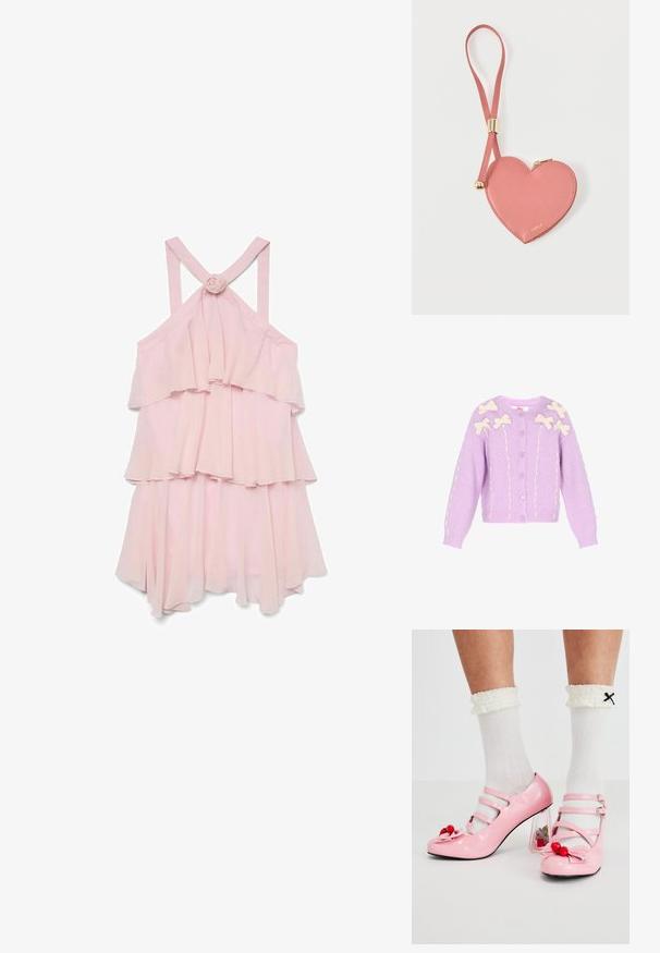 Lilla cardigan med cremefarvede sløjfeapplikationer. Strikket stof, rund halsudskæring, knaplukning og struktureret detaljer langs ærmer og forside.; Lys rosa ærmeløs kjole med lagdelte flæser, prydet med en roseaccent bagpå og krydsede stropper, lavet af letvægtsstof.; Lyserøde laklæderhæle med rund tå, tre remme og kirsebærpynt. Klart blokhæl med blomsterdekorationer. Hvide ribbede sokker.; Lyserød hjerteformet lædermøntpose med håndledsrem og guldlås, mærket med lille gyldent "Furla"-tekst.