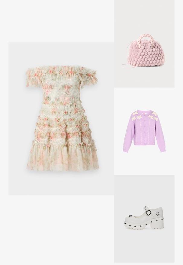Lilla cardigan med cremefarvede sløjfeapplikationer. Strikket stof, rund halsudskæring, knaplukning og struktureret detaljer langs ærmer og forside.; Off-the-shoulder kjole i lys creme med lagdelte flæser og pink blomsterdetaljer. Har smockede elastiske bånd for et struktureret look.; Hvide platform sko med en rund tå, spænde og cirkulære nitter. Tekstureret sål med en let hæl og dekorativ hardware detalje.; Lyserød pom-pom tekstureret håndtaske med et flet håndtag og en tynd rem. Rund form, blød overflade, kompakt design.