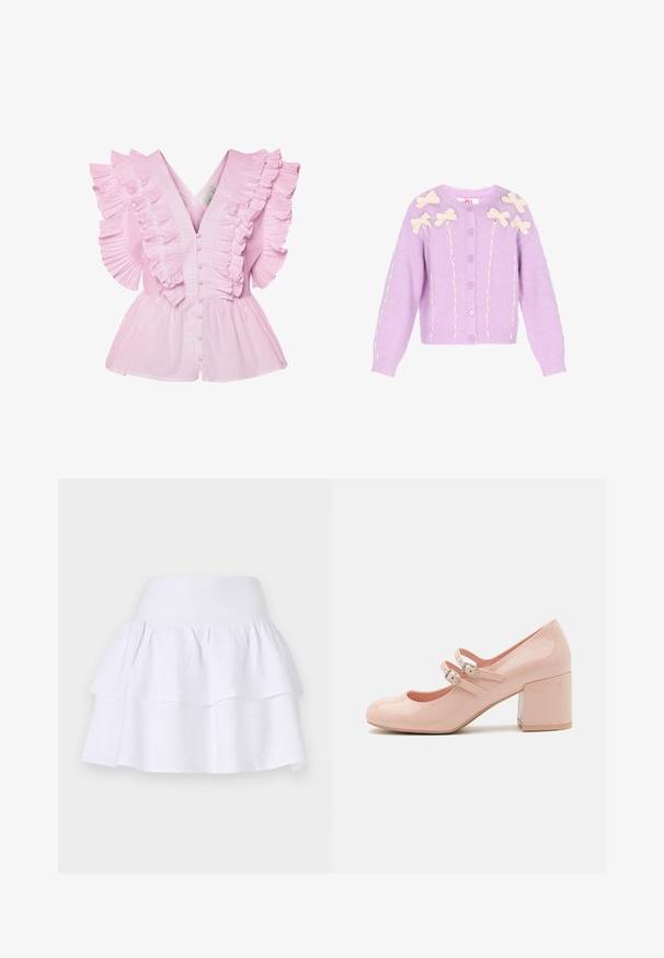 Lilla cardigan med cremefarvede sløjfeapplikationer. Strikket stof, rund halsudskæring, knaplukning og struktureret detaljer langs ærmer og forside.; Lyserød bluse med flæsekantede ærmer og V-udskæring. Den har knaplukning foran og en tætsiddende bodice, der udvides til en peplum-stil.; Hvid lagdelt nederdel lavet af letvægtigt stof, med et blødt design, elastisk talje og to voluminøse lag.; Lyserøde patentlæder højhælede sko med rund tå, to justerbare spænder og en kraftig, gennemsigtig blokhæl.