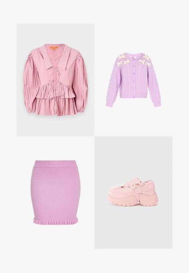 Lila cardigan met crèmekleurige strikapplicaties. Gebreide stof, ronde halslijn, knoopsluiting en textuurdetails langs de mouwen en voorkant.; Stine Goya PLEATED BALLOON SLEEVE TIE - Blouse - pink nectar; Gebreide roze minirok met geribbelde textuur en gerimpelde zoom, aansluitende stijl met elastische tailleband.; Chunky platform roze schoen met dubbele hartvormige gespen, kantafwerking en stevige sculpted zool tegen een plain witte achtergrond.