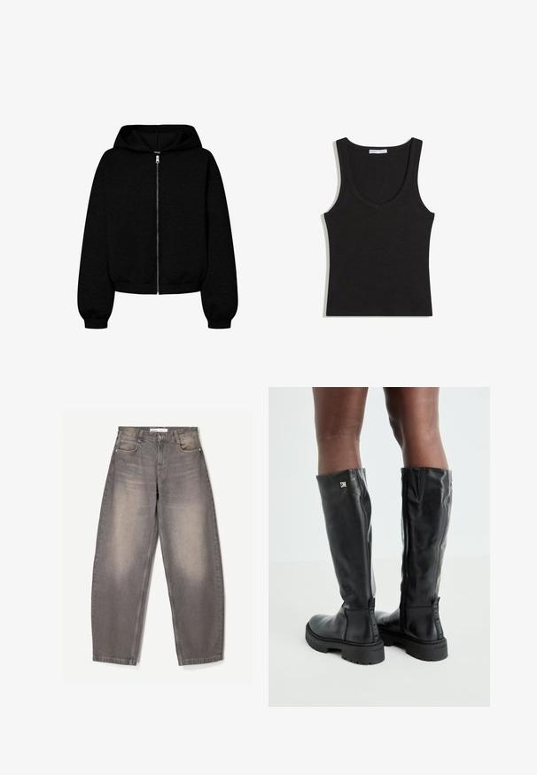 Zwarte zip-up hoodie met een grote capuchon, elastische manchetten en een cropped ontwerp. De stof lijkt zacht met een gladde textuur.; Zwart geribd mouwloos hemdje met een ronde halslijn, plat gelegd op een witte achtergrond.; Grijze spijkerbroek met wijde pijpen, gemaakt van denim, met subtiele vervaging, vijf zakken, riemlussen en een knoopsluiting bij de taille.; Zwarte leren kniehoge laarzen met een gladde textuur, ronde neus, stevige zool en ritssluiting. Voorzien van een zilveren logo aan de zijkant.