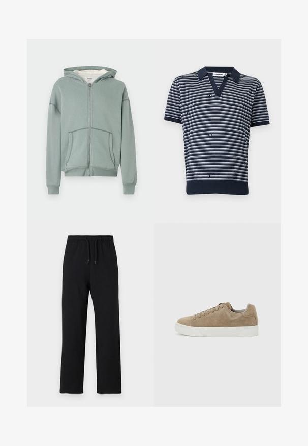 Sweat à capuche zippé vert clair avec poches avant, poignets côtelés et une capuche attachée doublée de tissu blanc.; Polo bleu marine à manches courtes avec des rayures horizontales blanches, de petits détails de logo et un col en V.; Jack & Jones JPSTKANE JJCHARGE UNCUFFED - Pantalon de survêtement - black; Baskets basses en daim beige avec lacets beiges et semelle en caoutchouc blanche, vues de profil sur un fond gris clair.