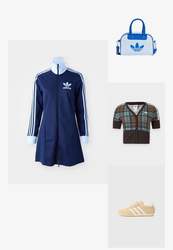 Pruunikasruuduline kärbitud kaardigan lühikeste varrukatega, millel on sinised ja beežid accendid, V-kaelus ja ees nööpkinnitus. Valge logo detail.; Tumesinine adidas'i kapuutsi kleit pika varrukaga, helesinised triibud käte peal ja logo rinnal. Sile kangas sportliku disainiga.; Kohvased ja kreemjad spordijalatsid siledast nahast pealsega, küljel on kolm valget triipu ja ümar varvas. Tekstuurse pealsega, kus on perforatsioonid.; Sinine ja valge käekott läikiva viimistlusega, millel on kaks sinist sangast, eemaldatav õlarihm ja esiküljel silmapaistev sinine logo.